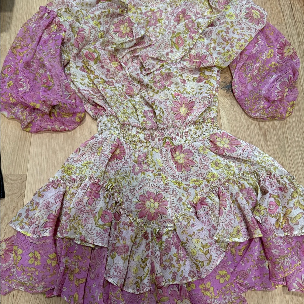 Misa Los Angeles Floral Pink and Green Dress